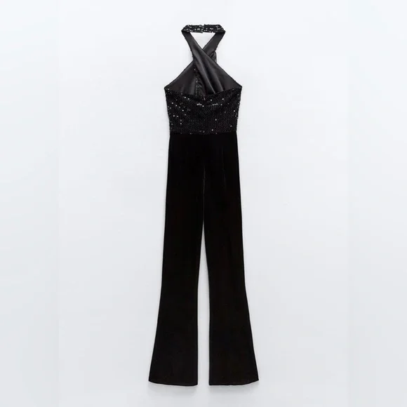 NEW ZARA FRINGED SEQUIN HALTER NECK JUMPSUIT